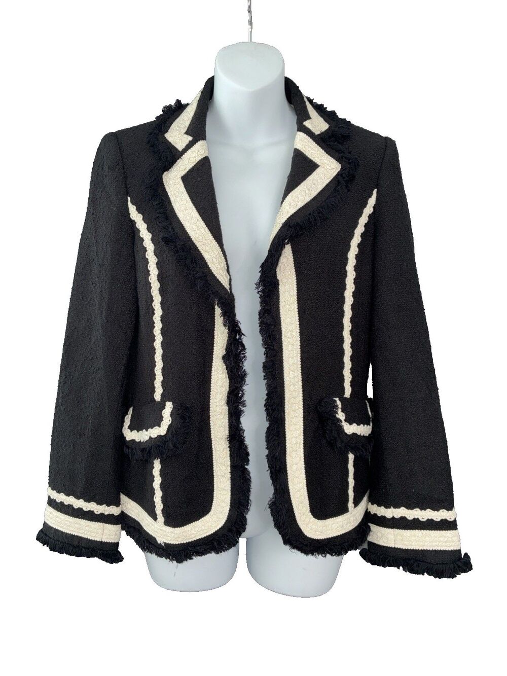 Vtg Giancarlo Ferrari Boucle Tweed Open Jacket Blazer Sz 4 Black Fringe Tailored